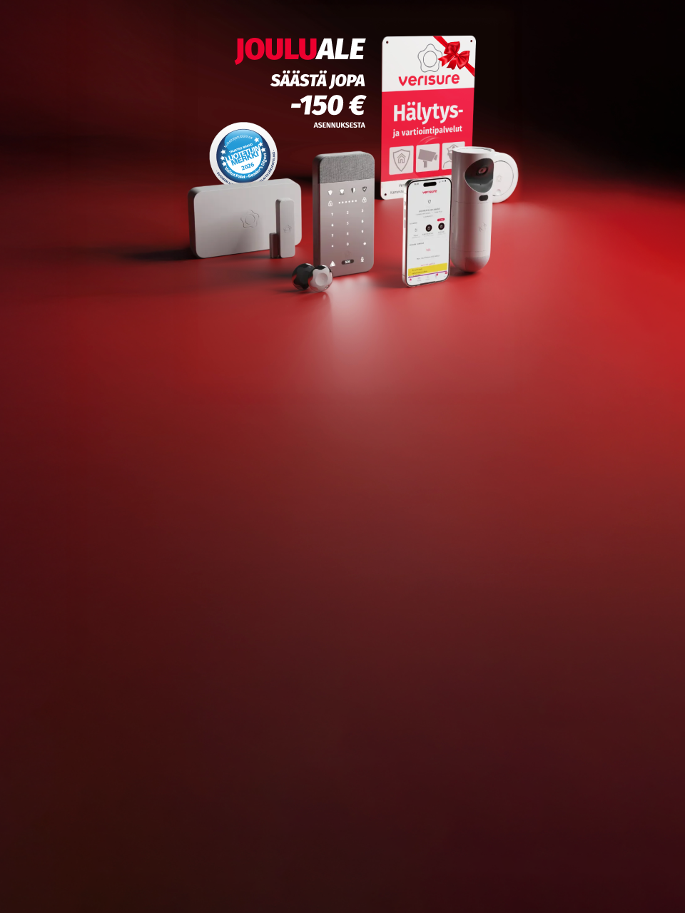 Verisuren hälytysjärjestelmän laitteet, sovellus ja hälytyskyltti punaisella taustalla